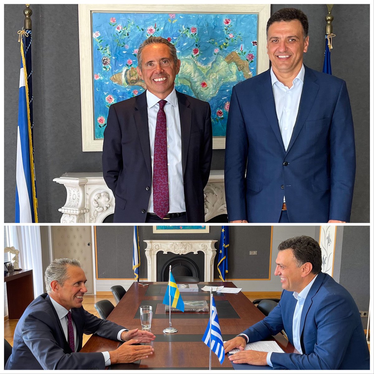 Minister of Tourism <a href="/Vkikilias/">Vassilis Kikilias</a> met Amb <a href="/JBorgstam/">Johan Borgstam</a> to share thoughts on how to market extended stays in Greece coming autumn/winter seasons for tourists from cold climate countries. Come to Greece, avoid high energy bills &amp; use saved money to stay in the sun, said the Minister!