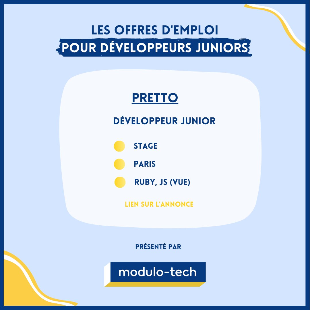 Modulo_Academy's tweet photo. Une sélection d'offres du jour pour #développeurs juniors.

Du #stage, du #CDI et de l'#alternance.

Sur des technos comme #javascript #ReactJS #Python #vuejs  #ruby #NodeJS 

Les liens vers les offres : https://t.co/19Ns85Ib3B

#developers https://t.co/wUSvAwzasz