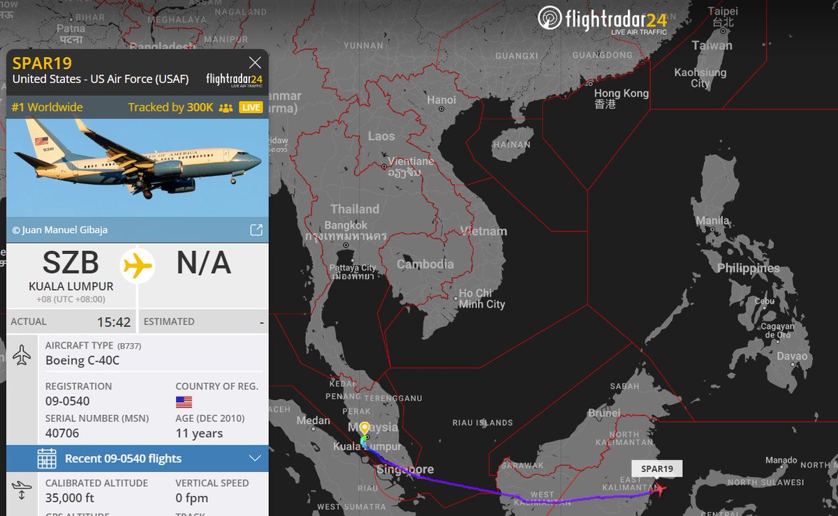 09-0540 #SPAR19 is over Indonesia, heading toward east and tracked by 300k users.

05-0730 #SPAR20 is on ground at SZB airport (Kuala Lumpur).

flightradar24.com/SPAR19/2ce4f83f