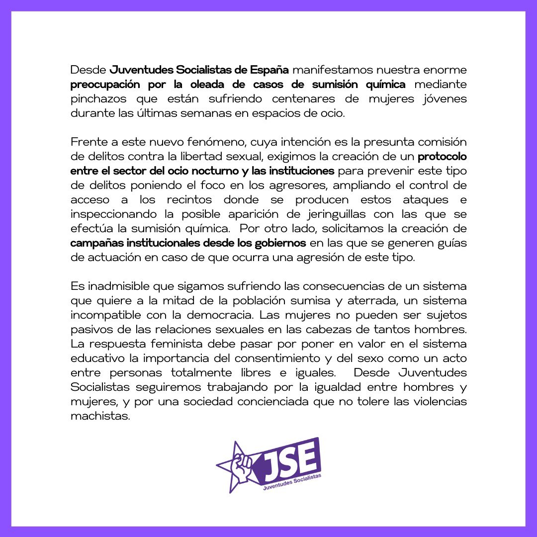 Basta de violencia machista.
Acabemos con el miedo.

jse.org/juventudes-soc…