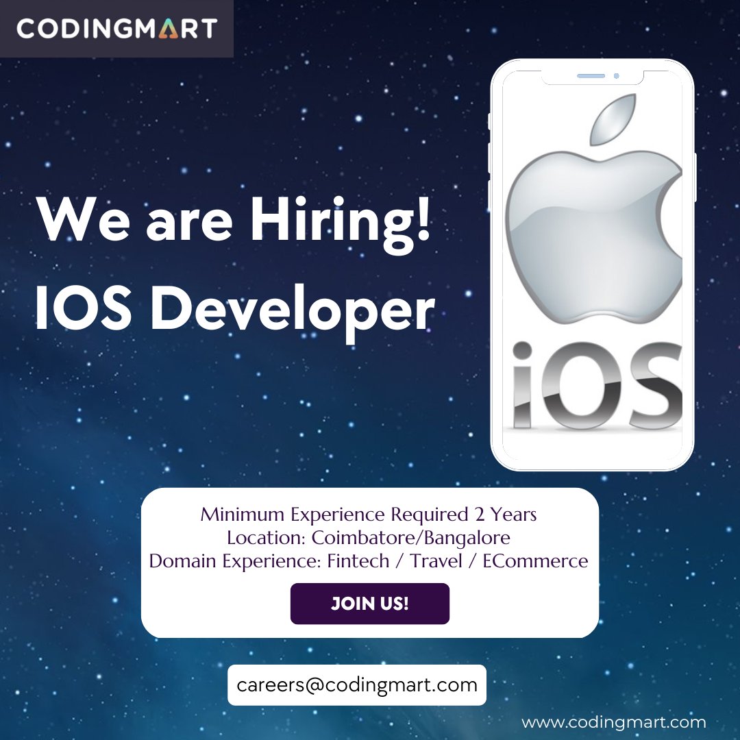 codingmart's tweet photo. Codingmart hiring for IOS Developer
Apply Now!!!!!
Share your resumes to careers@codingmart.com
#ios #iosdeveloper #iosdevelopers #iosapp #iosappdevelopment #iosapps #iosapplication #apple #iosjobs #jobopportunities
#jobopenings #itdevelopment #softwareengineering #programming https://t.co/i4Jo3vFQlx