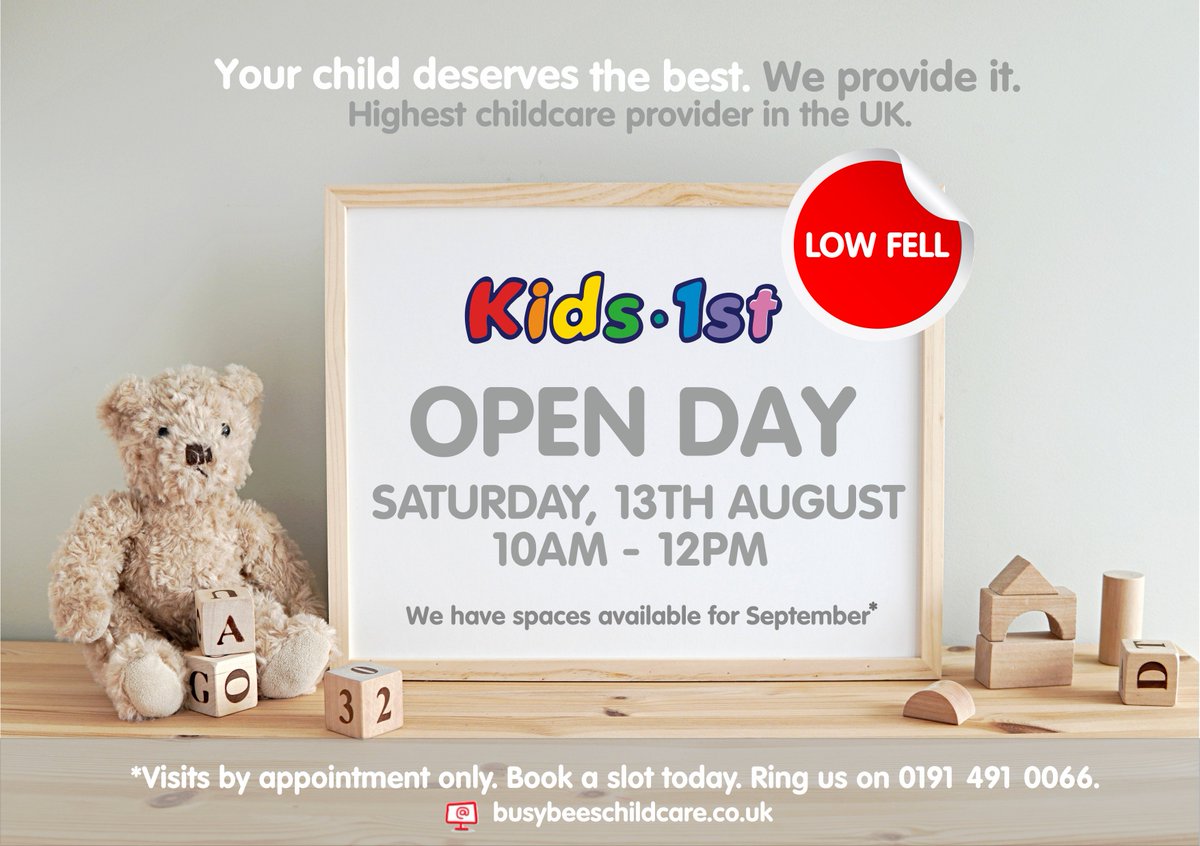 Kids_1st's tweet photo. *OPEN DAY AT KIDS 1ST LOW FELL- WE HAVE PLACES AVAILABLE FOR SEPTEMBER 2022!*
Join us at Kids 1st Low Fell on Saturday, 13th August from 10am-12pm.
Book your slot today at: https://t.co/KpZHlOcNoJ 
#openday #Lowfell #kids1st #kids1stnurseries #kids1stLowFell #childcare https://t.co/7sewpi3L3g
