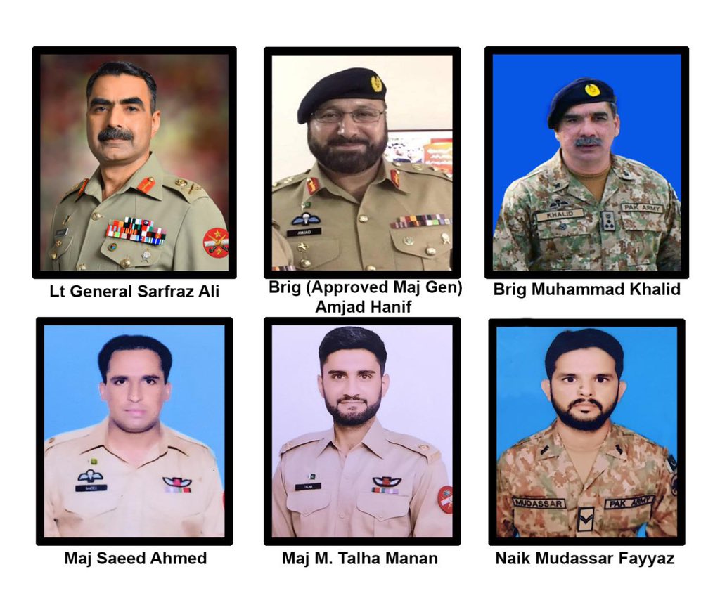 The wreckage of unfortunate hel which was on flood relief ops found in Musa Goth, Windar, Lasbela. All 6 offrs & sldrs incl Lt Gen Sarfraz Ali embraced shahadat. اِنّا لِلَّٰهِ وَإِنَّا إِلَيْهِ رَاجِعُونَ Accident occurred due to bad weather as per initial investigations . DTF