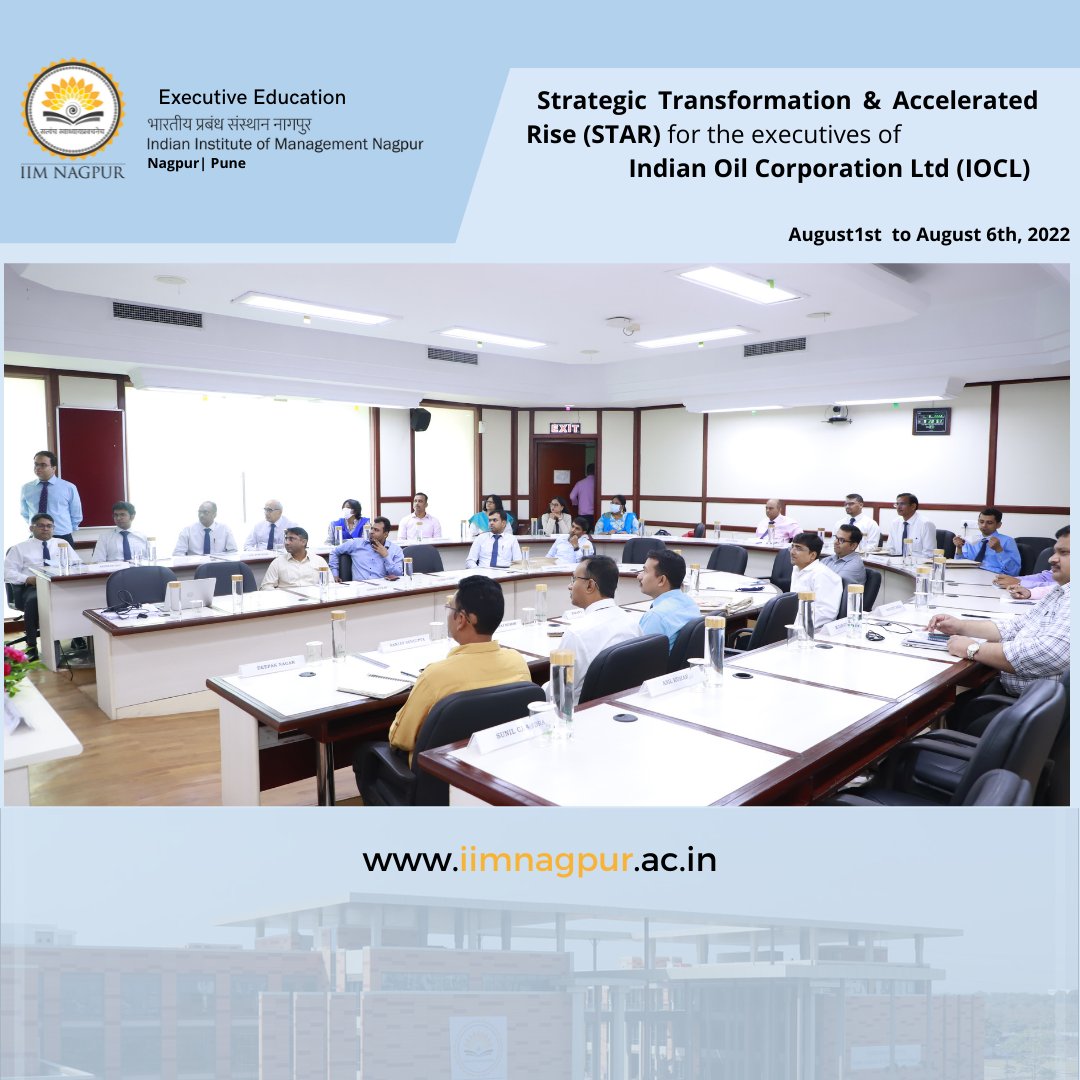 IIMNagpurIndia's tweet photo. #IIMNagpur is currently conducting #ExecutiveEducationProgramme βπππ«ππππ π’π ππ«ππ§π¬ππ¨π«π¦πππ’π¨π§ & πππππ₯ππ«ππππ ππ’π¬πβ (ππππ) for executives of #IOCL. It has been designed for developing #leadership and #strategicskills among the #IOCLexecutives. https://t.co/Xm58hfyT1o