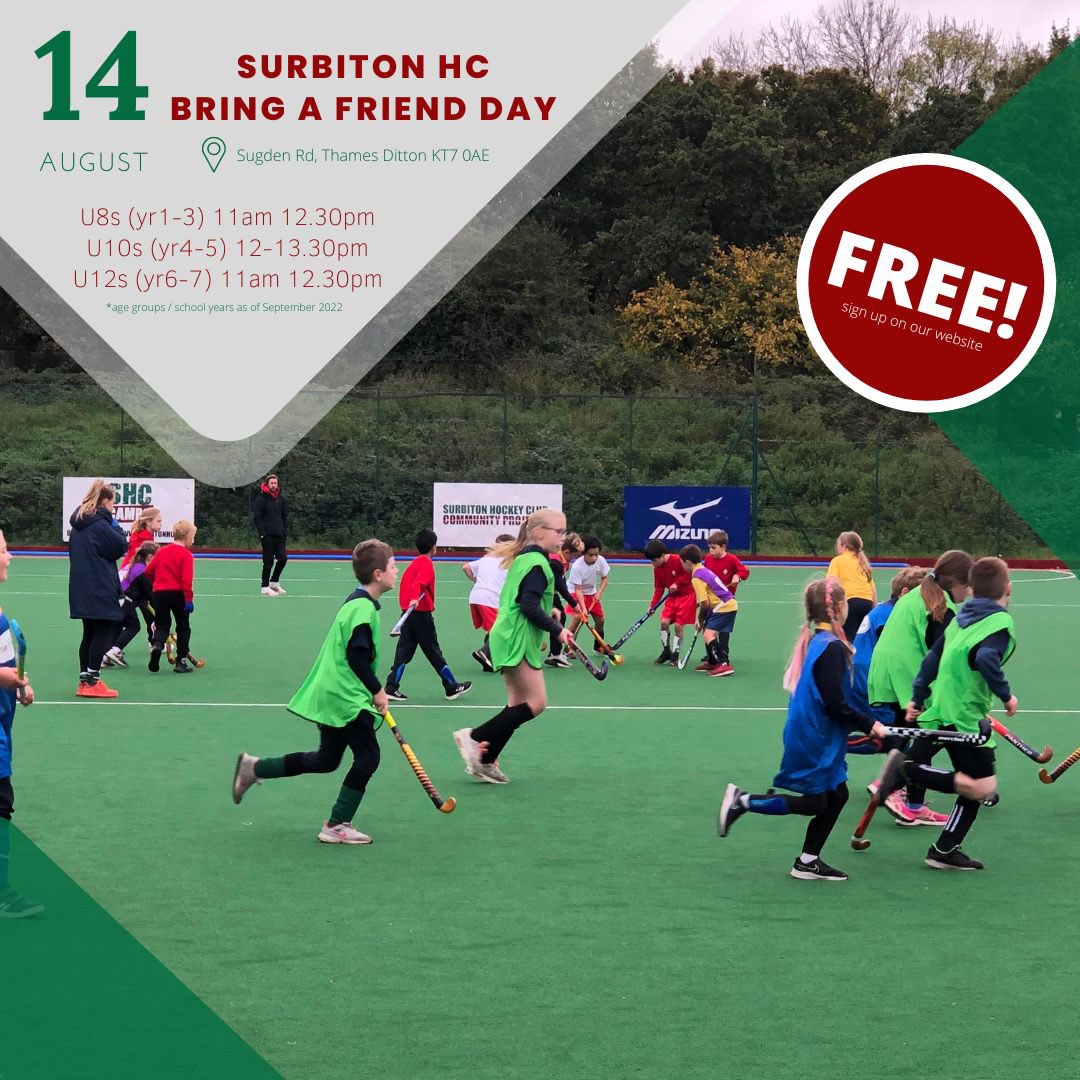 SurbitonHC's tweet photo. 𝗕𝗿𝗶𝗻𝗴 𝗮 𝗙𝗿𝗶𝗲𝗻𝗱 𝗗𝗮𝘆

We are really looking forward to welcoming kids aged 7-12 to our Bring a Friend taster sessions on Sunday 14th August!

Sign up for FREE here 🔗 https://t.co/3z92dAiRYa

#SHC  |  https://t.co/PN8THYU7t9 https://t.co/KCxQi18FMt