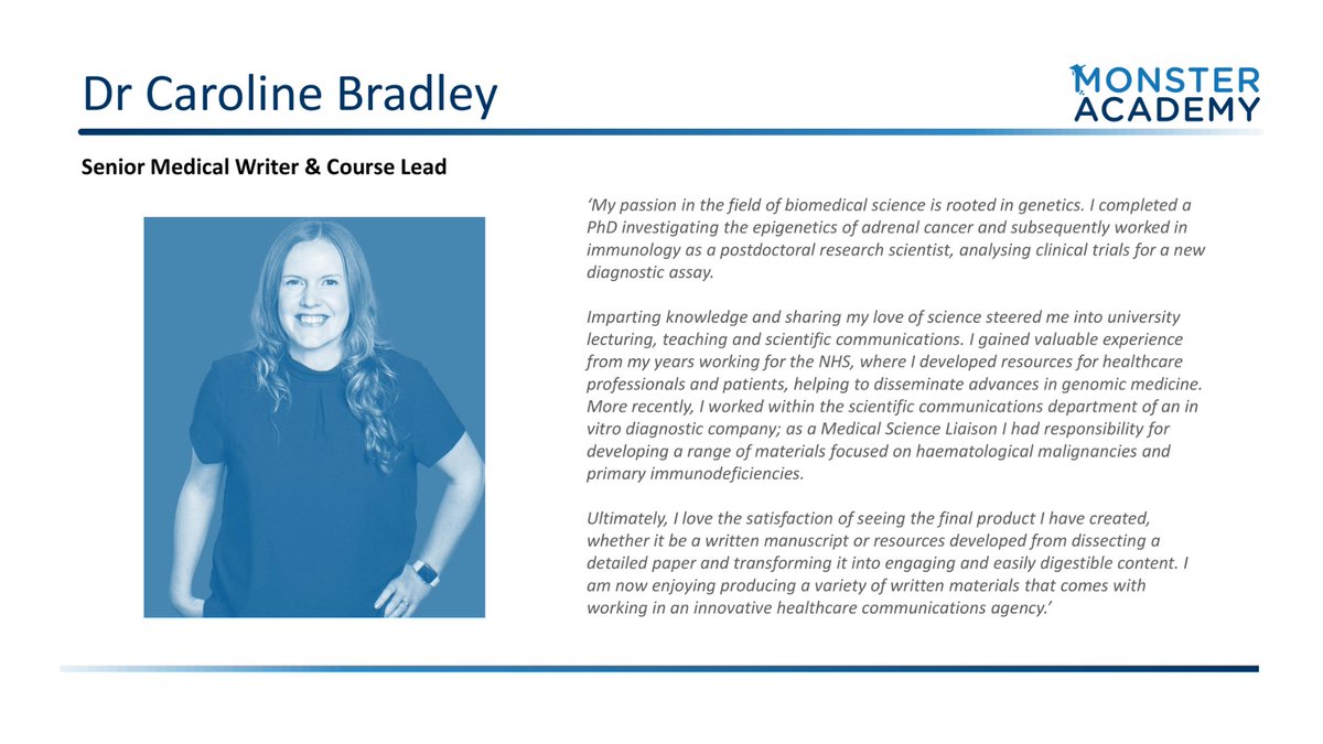 Our #TutorSpotlight continues with Dr Caroline Bradley! 👏

Caroline has worked tirelessly over the past year to bring this course to life. We are so excited to see all of her hard work come to fruition this September. 🎉

bit.ly/3QB820P 

#monsteracademy #medcomms