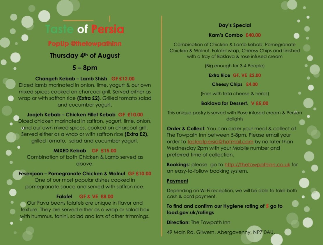 TowpathInn's tweet image. Every Thursday evening in August we have the absolute pleasure of hosting @TasteOf_Persia in The Towpath kitchen. This week’s menu is a cracker ☀️Booking essential - you can do so via the website.