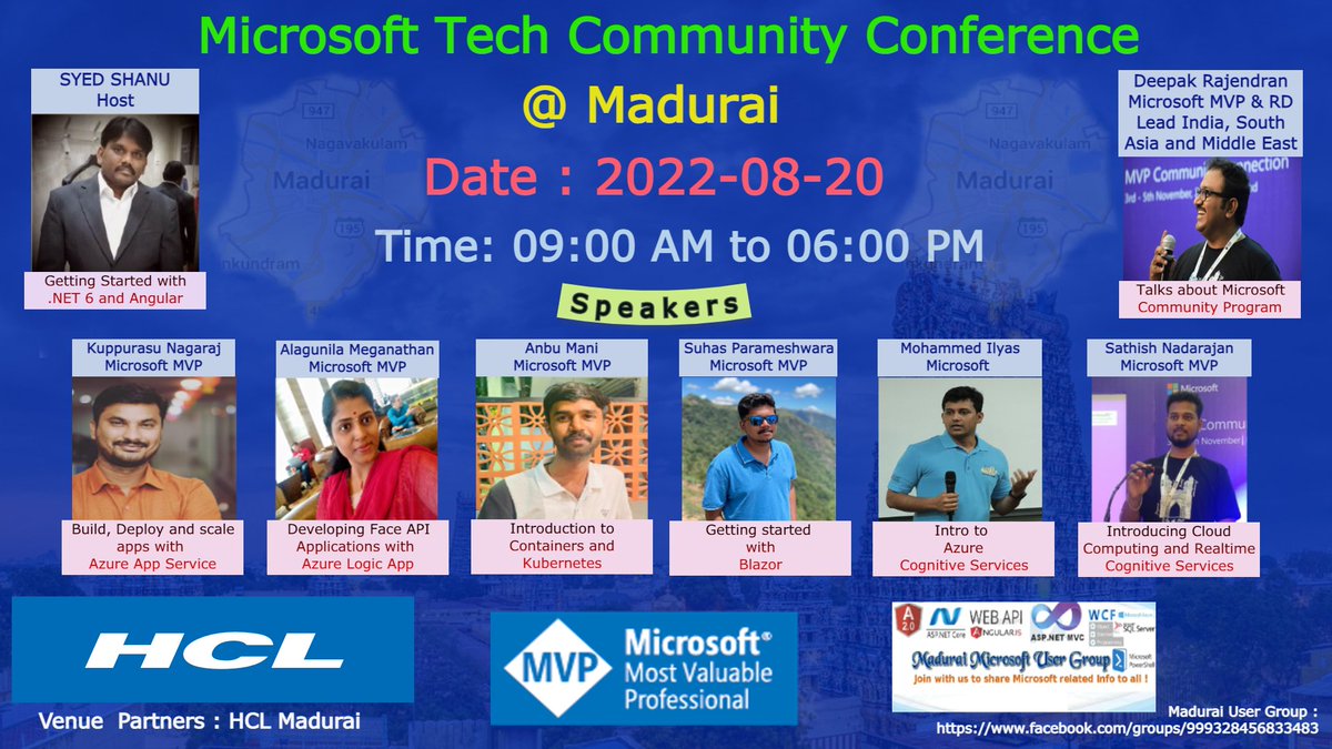 Microsoft Tech Community Conference @ Madurai 
I request all my madurai friends and family share this with your known friends and family who are College IT Students or Professionals and ask them to register before August 16th.
docs.google.com/forms/d/e/1FAI…