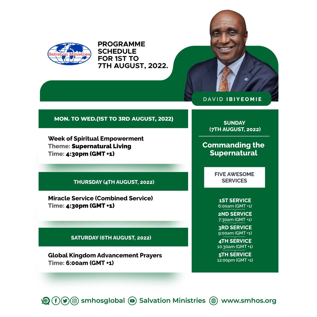 smhosglobal's tweet photo. This is the programme schedule for the week.
Have a blessed week.
#SalvationMinistries #DavidIbiyeomie https://t.co/Q2AJoqDuum