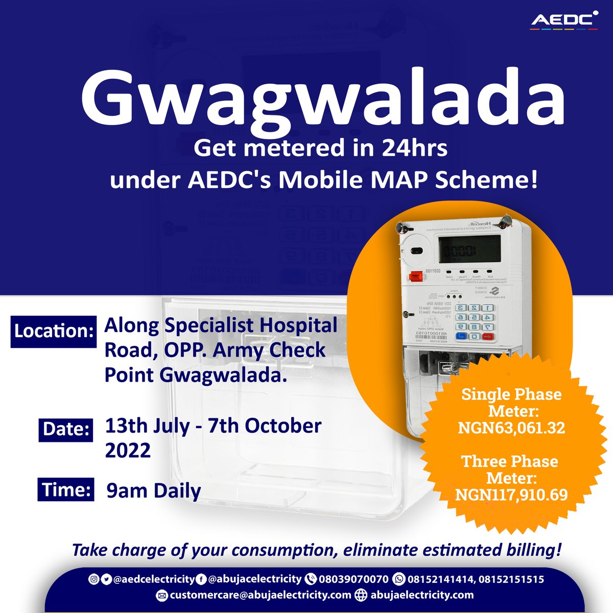 aedcelectricity's tweet photo. Say goodbye to estimated billing, shared bills and frequent disconnection.
Own your prepaid meter in 24 hours and enjoy total control of your energy consumption.
Visit our area office serving you to apply.
#AEDC #Abujadisco #getmeteredwithmap #mobilemapmetering https://t.co/j5CHGSXwKs