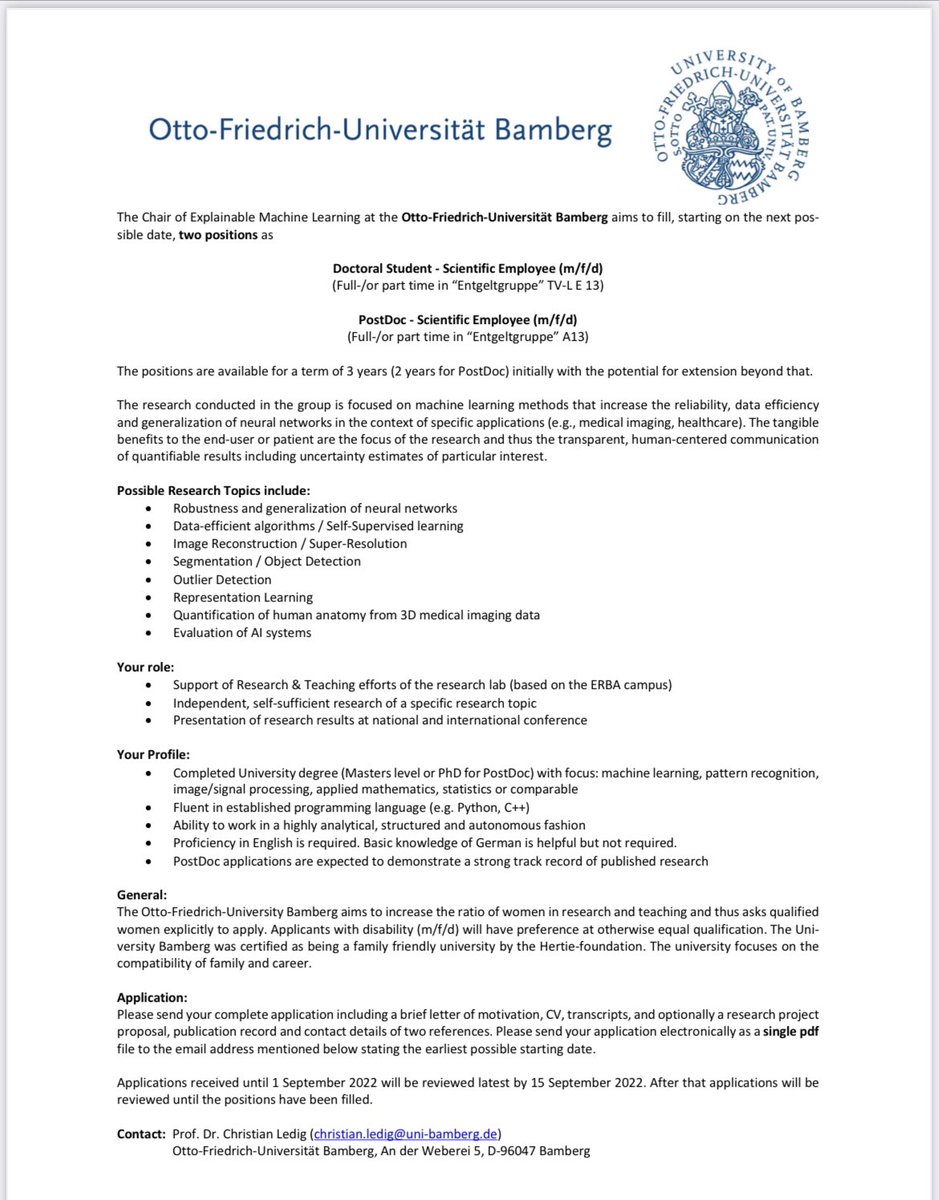 Christian Ledig (@ledigchr) on Twitter photo 🚨 2x fully funded PhD/postdoc positions in my group <a href="/uni_bamberg_of/">Universität Bamberg</a>. If you’re excited about doing impactful, applied ML research (eg in healthcare) this might be right for you. Details of positions and how to apply below.
Please share/RT 🙏🏻
#AcademicTwitter #phd <a href="/academics_de/">academics.de</a> 🚨 2x fully funded PhD/postdoc positions in my group <a href="/uni_bamberg_of/">Universität Bamberg</a>. If you’re excited about doing impactful, applied ML research (eg in healthcare) this might be right for you. Details of positions and how to apply below.
Please share/RT 🙏🏻
#AcademicTwitter #phd <a href="/academics_de/">academics.de</a>