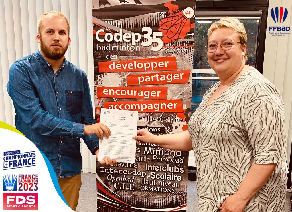 sportarennes's tweet image. 📢 Le comité départemental de badminton d'Ille-et-Vilaine a rejoint l'équipe !

Aline Hervé et @jpvegee, respectivement présidente du comité 35 et président de l'organisation des Championnats de France 2023, ont signé la convention de partenariat🤝

#badfrance2023