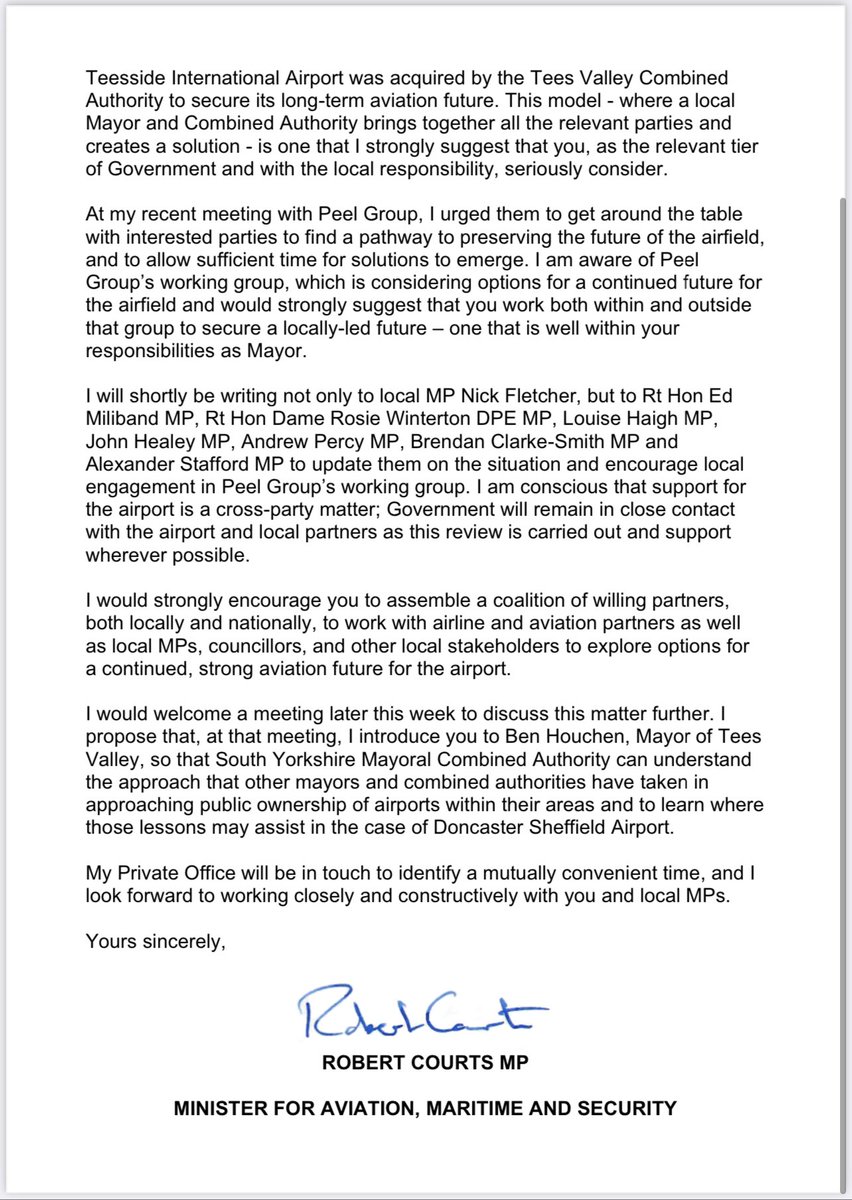 I have written to <a href="/OliverCoppard/">Oliver Coppard</a> to urge him to join with other local parties to find a way to safeguard the aviation future of @DSA_Airport. Solutions must be locally &amp; commercially led but Govt will remain in close contact and support wherever possible.