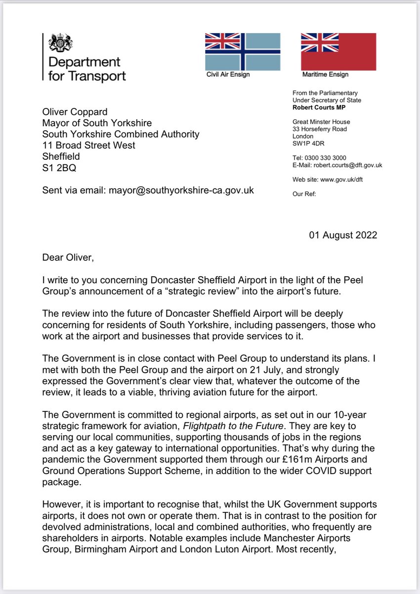robertcourts's tweet image. I have written to @OliverCoppard to urge him to join with other local parties to find a way to safeguard the aviation future of @DSA_Airport. Solutions must be locally &amp;amp; commercially led but Govt will remain in close contact and support wherever possible.