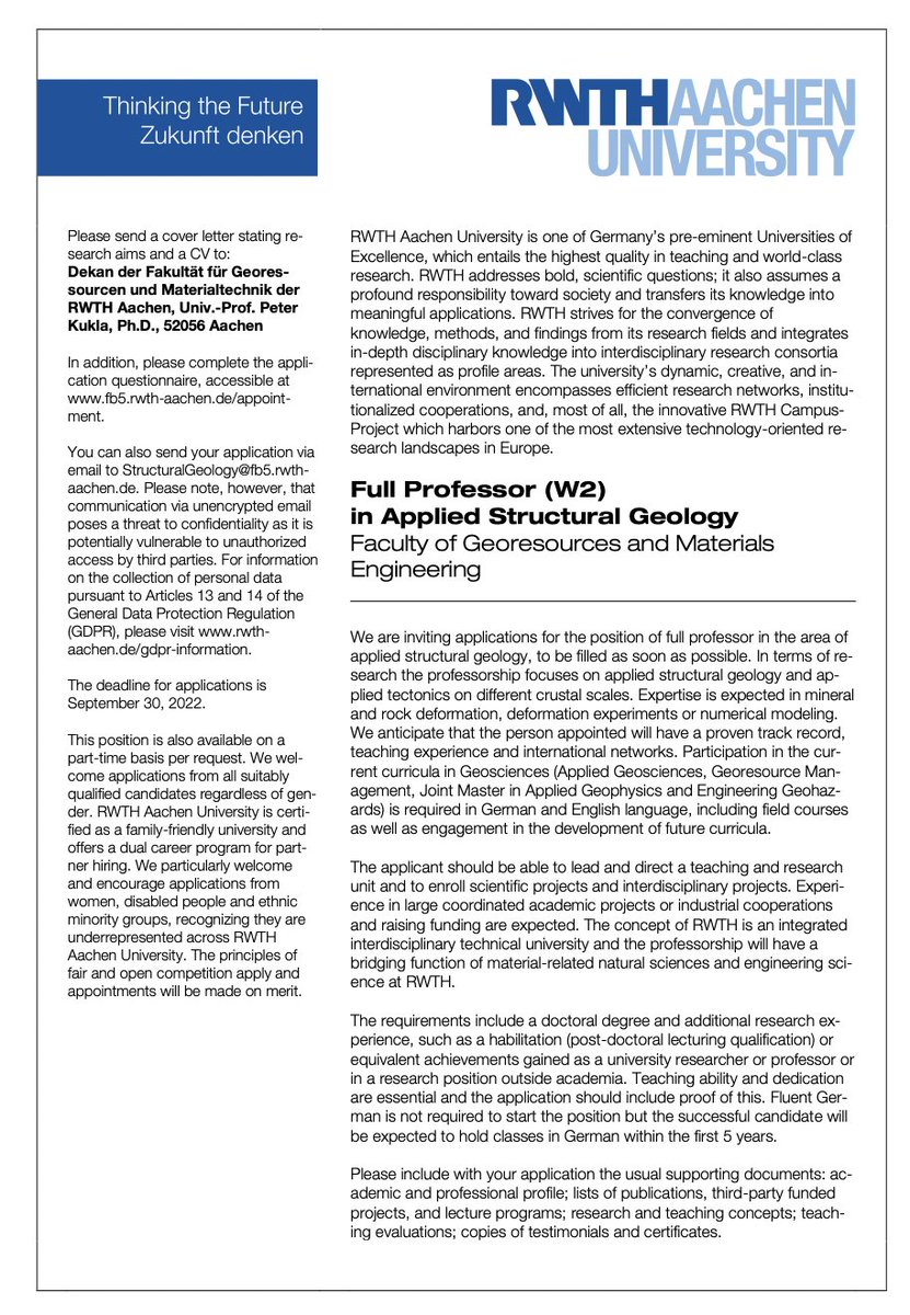 ActiveFaults's tweet image. 🗣️ #geojob #RWTH full professor in Applied Structural Geology, application deadline 30/09/2022 👇 please RT