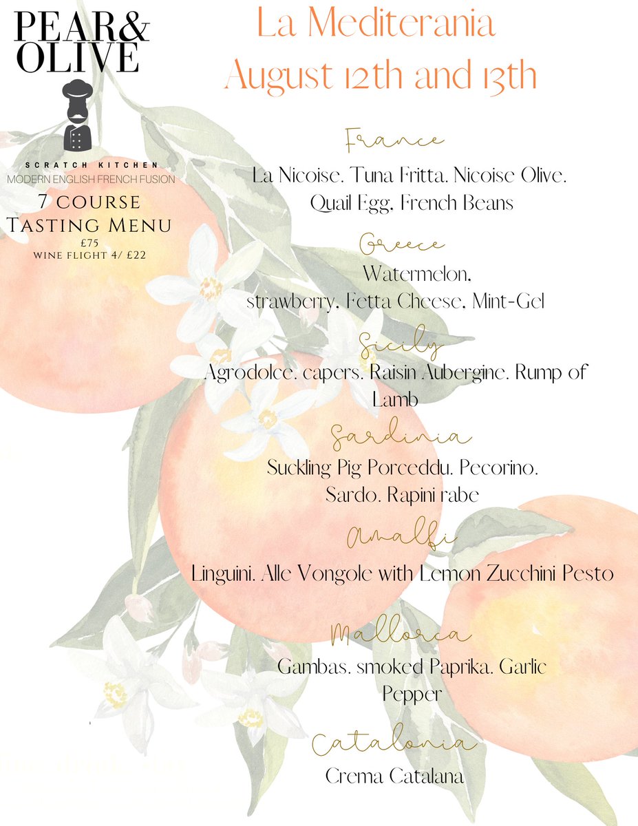 Our next tasting Menu in a nod to the Mediterranean. August 12-13 4 &amp; 7 course with hand selected wine flights. book at Pearandolive.co.uk