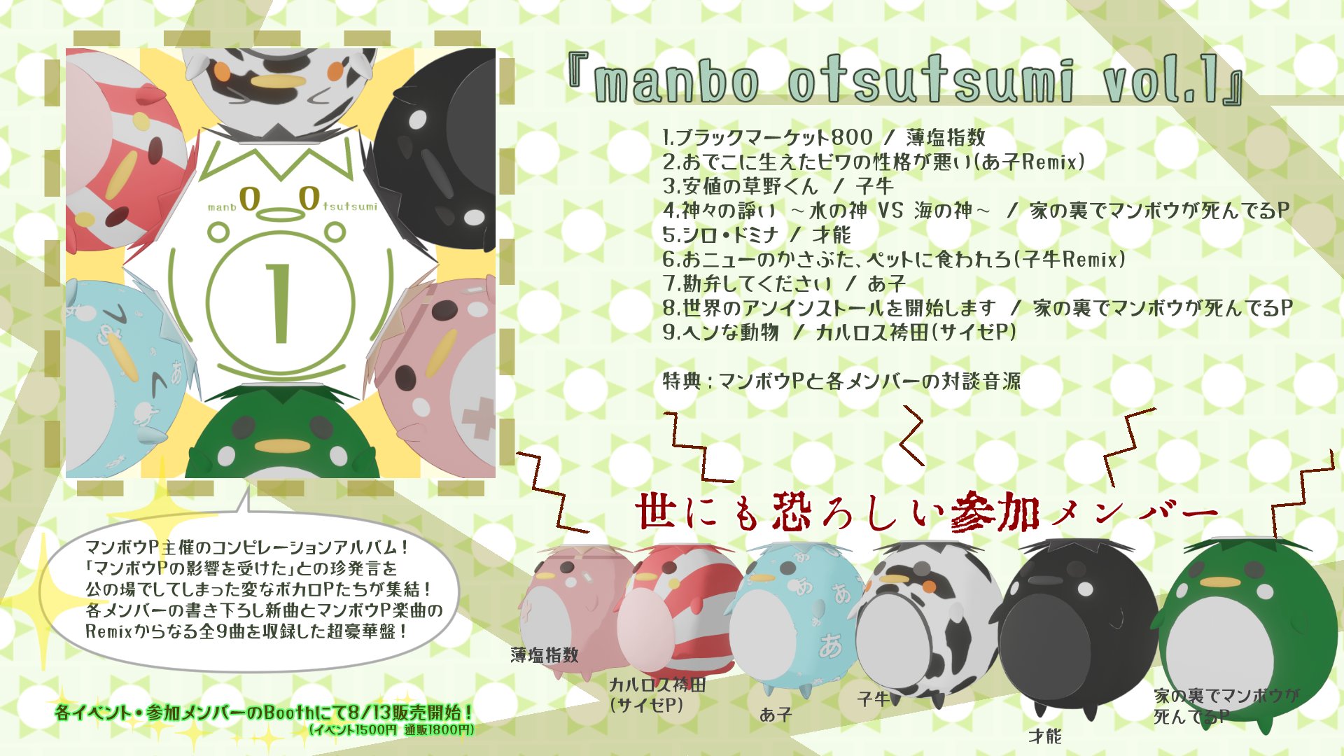 O Xrhsths 家の裏でマンボウが死んでるp タカハシヨウ Sto Twitter アルバム発売 コンピレーションアルバム Manbo Otsutsumi Vol 1 を発売します 豪華メンバーでお送りする妙な一枚 参加メンバー マンボウp カルロス袴田 サイゼp 薄塩指数 子牛