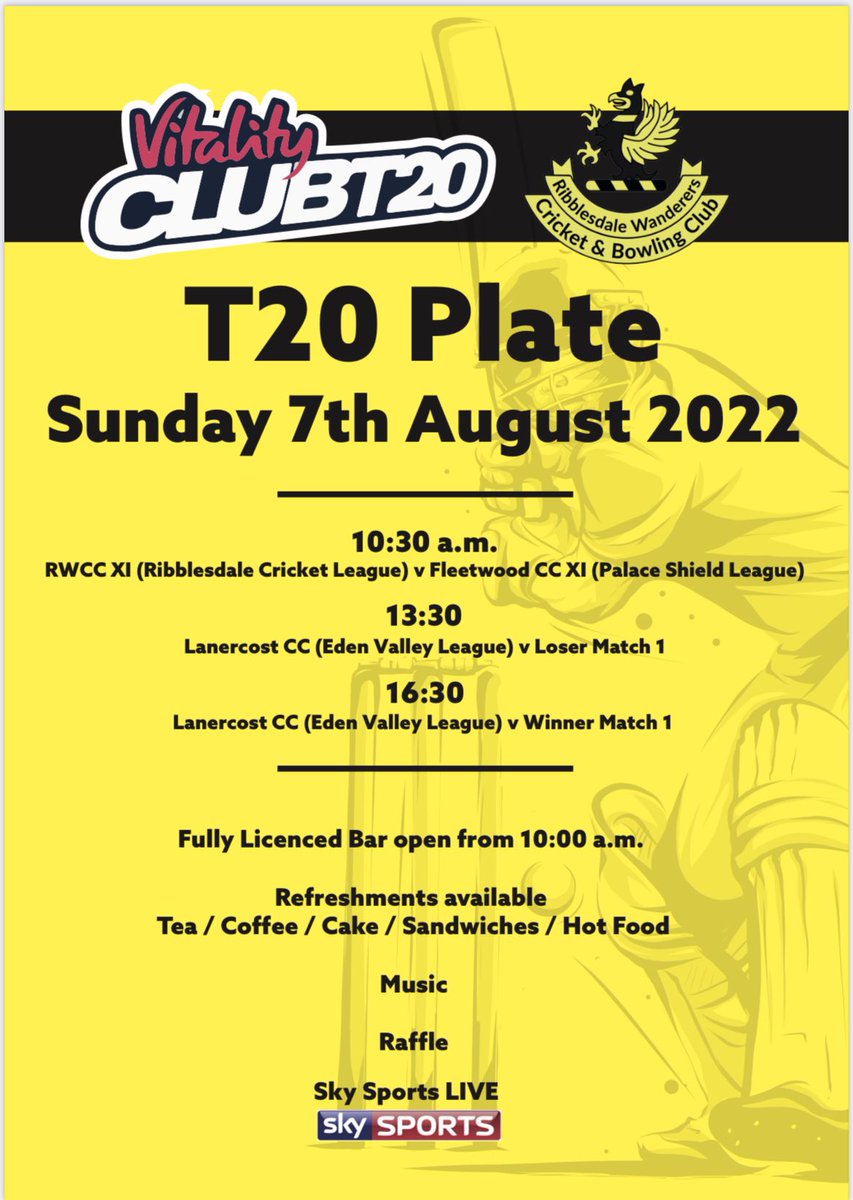 On Sunday we represent the <a href="/RibblesdaleCL/">Ribblesdale Cricket League (1892-2022)</a> in the Vitality Club T20 Plate. 

Not only that but we have the pleasure of hosting the first round fixtures between ourselves, <a href="/fleetwoodcc/">Fleetwood Cricket Club</a> and <a href="/LanercostSC/">Lanercost CC</a>.

Bar open from 10am. Food &amp; drink available throughout.

See you on Sunday! 🏏