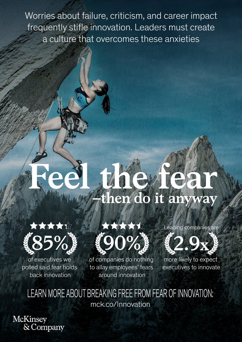 McKinsey's tweet photo. Worries about failure, criticism, and career impact hold back many people from embracing change. Our article shows how to create a culture that accounts for the human side of innovation without these fears ➡️ https://t.co/MxhsitjHvR https://t.co/2X2Es1qMR4