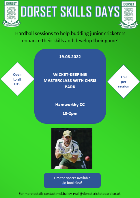 DorsetCricket's tweet photo. On Friday 19th August 2022 The Dorset Cricket Board will be holding a wicket-keeping masterclass with Chris Park!
Booking link is below: 
https://t.co/yC8cQt3PLa https://t.co/0EJT0d5P0H
