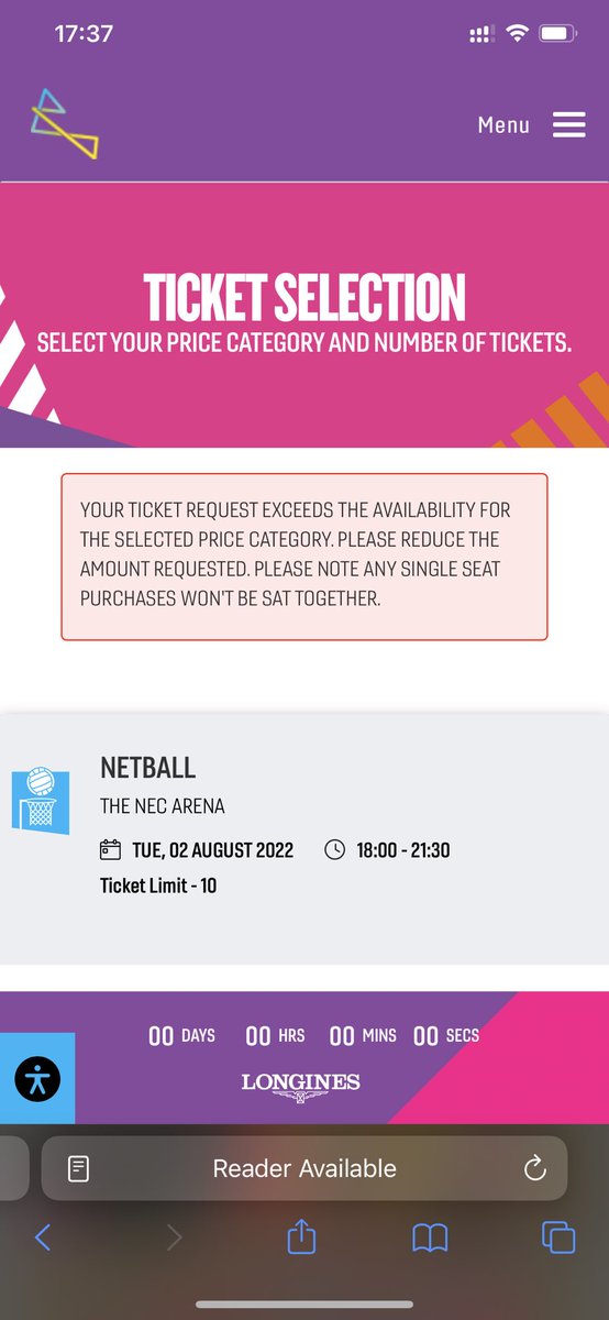 Ashtom1's tweet photo. @birminghamcg22  unable to buy tickets as your IT is probably broken. Shows tickets available but you can’t buy. Throws error on every selection. https://t.co/Aa70AfSQSp