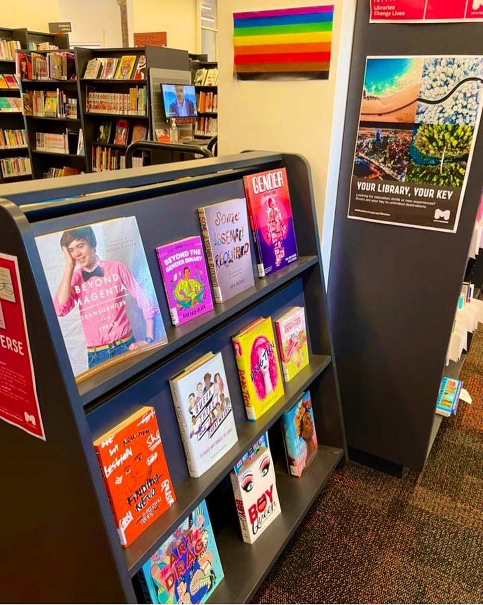 AliaRainbow's tweet photo. https://t.co/iOnmXRJgaX create a welcoming space #libraries can use rainbow signage, #pride flags, have staff wearing rainbow lanyards &amp; theme #LGBTQIA  #book displays. These are examples from Reykjavik City Library (left) and Melbourne’s Kathleen Syme Library (right) #AusLibChat https://t.co/Zvaxjz6tz0