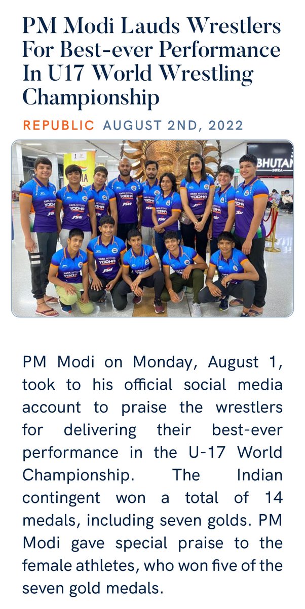 DevarshiJoshi17's tweet photo. PM Modi Lauds Wrestlers For Best-ever Performance In U17 World Wrestling Championship
https://t.co/lOdrnioYCB via NaMo App https://t.co/libmwQ6tm0