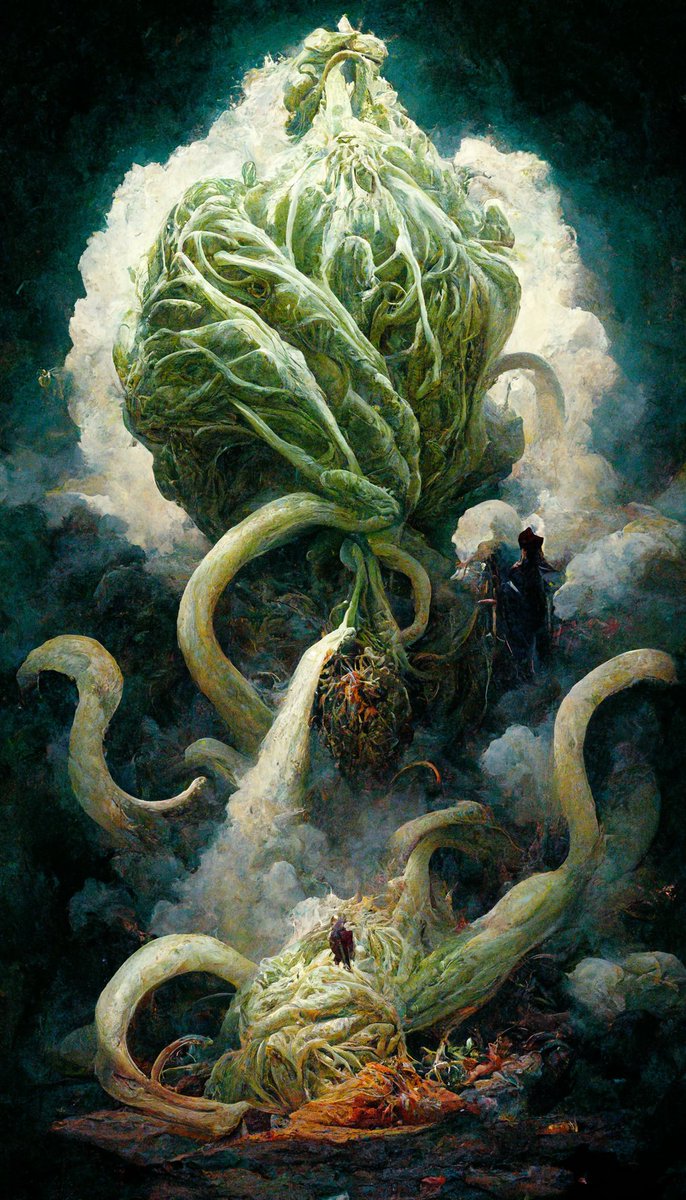 “greatest battle of all times between the 'Giant Holy Cabbage' come down from heaven and the Infernal eldritch tentacles” #midjourney 

<a href="/novelaiofficial/">NovelAI</a>