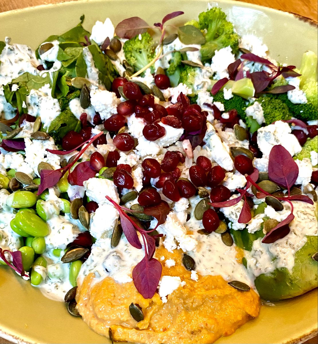 The Buddha Bowl. Full of goodness &amp; protein, with either Skinny Malaysian Chicken or Feta. Best served with a Green Punch!

#se23 #se24 #se26 #se6 #se4 #buddhabowl #foresthilllondon #se23life #cafe #lovelewisham #lovelondon #shoplocal #humus #feta #broccoli #juice