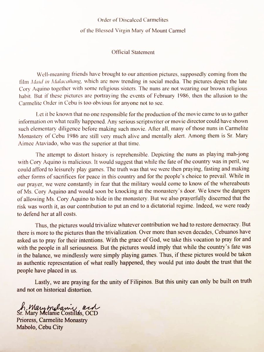 eddeleon's tweet photo. Here is the official statement of the Prioress of the Carmelite Monastery in Mabolo' Cebu re the mahjogng scene in a movie. https://t.co/XLKyjCJURB