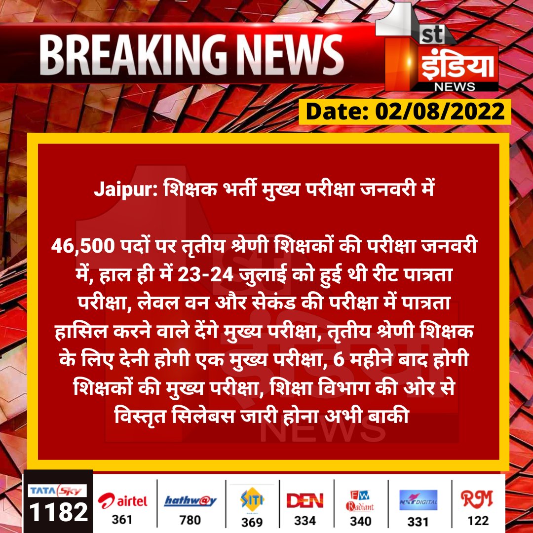 1stIndiaNews's tweet image. #Jaipur: शिक्षक भर्ती मुख्य परीक्षा जनवरी में

46,500 पदों पर तृतीय श्रेणी शिक्षकों की परीक्षा जनवरी में, हाल ही में 23-24 जुलाई को हुई थी रीट पात्रता परीक्षा, लेवल वन और सेकंड...

@DrBDKallaINC @RajGovOfficial @i_dimplesharma