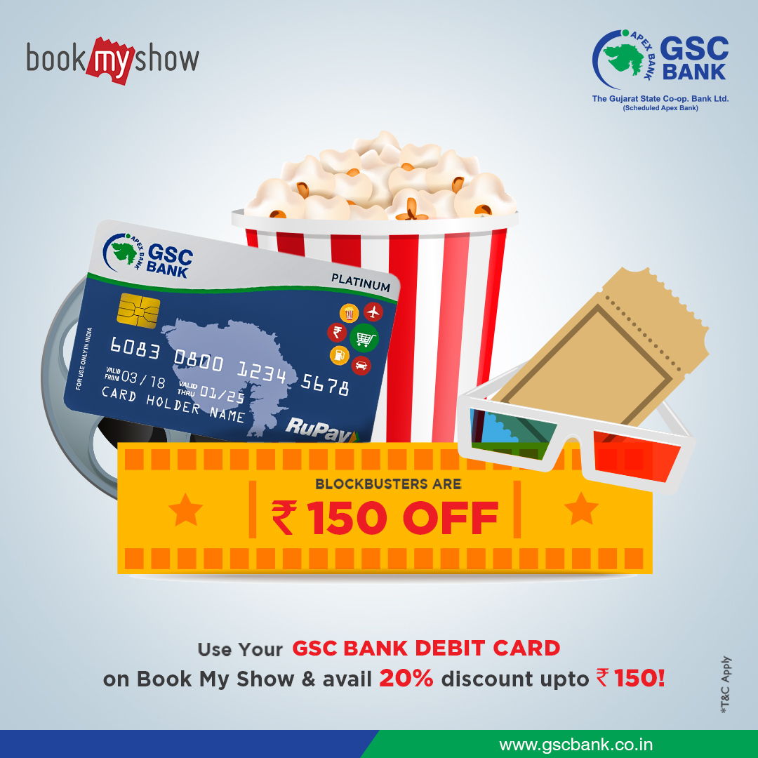 GSCBank's tweet photo. We are back with a new great offer! Now get 20% off upto Rs. 150/- on movie tickets at BookMyShow using GSC Bank RuPay Debit Card. T&amp;C apply. For more info visit https://t.co/n1kTccjImL
#GSCBank #GSCB #offers #booknow #bookmyshow #bms #rupay #bookyourtickets #RuPayDebitCard https://t.co/GweJPGY3MV