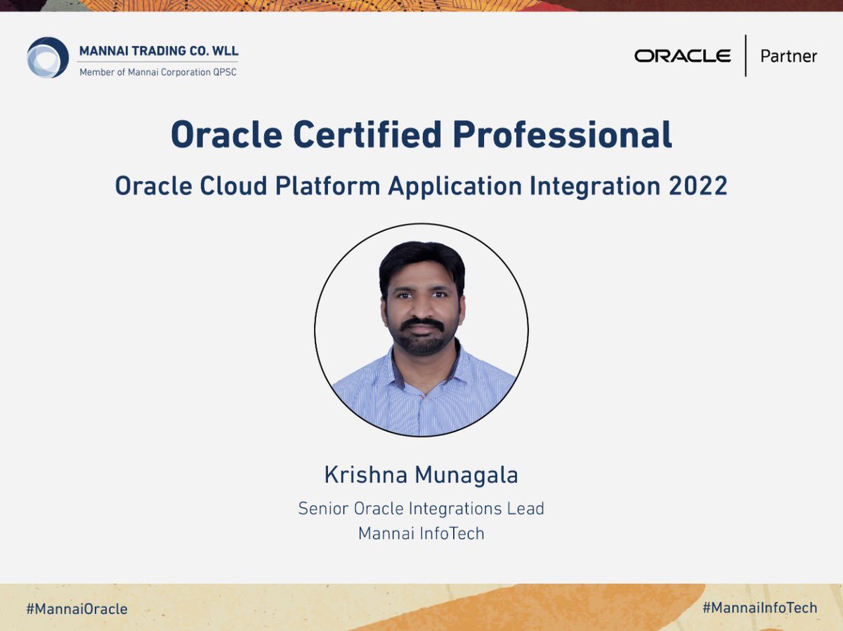 InfotechMannai's tweet image. Another day at #MannaiInfoTech, another achievement bagged. Congratulations to Krishna Munagala on successfully completing the Oracle Cloud Platform Application Integration 2022. 
Kudos to Krishna for this exemplified success! We are so PROUD of you!! 
@oracle #MannaiOracle
