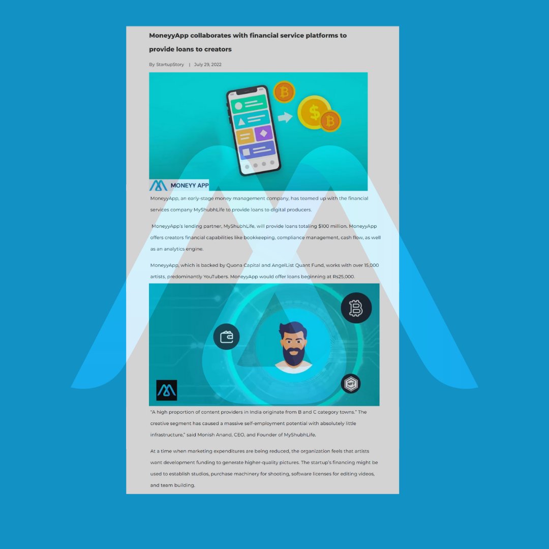 MyShubhLife partnered with moneyyapp-a fintech startup to provide support to creators by providing loans.
As said by the CEO of MoneyyApp, our vision is to serve millions of solopreneurs via our platform starting with 25K land worth $100M.