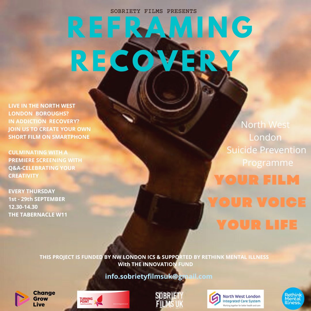 Sobriety Films UK (@uksobriety) on Twitter photo JOIN US at The Reframing Recovery Filmmaking Project for people in addiction recovery in NWLondon boroughs during September Recovery month. Funded by NWL ICS and <a href="/Rethink_/">Rethink Mental Illness</a> with the Innovation Fund <a href="/TurningPointUK/">Turning Point - Social Enterprise 💙</a> & <a href="/changegrowlive/">Change Grow Live</a>
#recovery #filmmaking #SuicidePrevention JOIN US at The Reframing Recovery Filmmaking Project for people in addiction recovery in NWLondon boroughs during September Recovery month. Funded by NWL ICS and <a href="/Rethink_/">Rethink Mental Illness</a> with the Innovation Fund <a href="/TurningPointUK/">Turning Point - Social Enterprise 💙</a> & <a href="/changegrowlive/">Change Grow Live</a>
#recovery #filmmaking #SuicidePrevention
