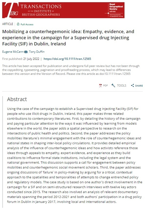 RGS-IBG Higher Ed (@rgs_ibghe) on Twitter photo New in #TIBG: 'Mobilizing a counterhegemonic idea: Empathy, evidence, and experience in the campaign for a Supervised drug Injecting Facility (SIF) in Dublin, Ireland' by <a href="/EJMcCann/">Eugene McCann</a> (<a href="/GeogSFU/">SFU Department of Geography</a>) and @tonyduffin (<a href="/AnaLiffey/">AnaLiffey</a>). orlo.uk/g3gbH New in #TIBG: 'Mobilizing a counterhegemonic idea: Empathy, evidence, and experience in the campaign for a Supervised drug Injecting Facility (SIF) in Dublin, Ireland' by <a href="/EJMcCann/">Eugene McCann</a> (<a href="/GeogSFU/">SFU Department of Geography</a>) and @tonyduffin (<a href="/AnaLiffey/">AnaLiffey</a>). orlo.uk/g3gbH