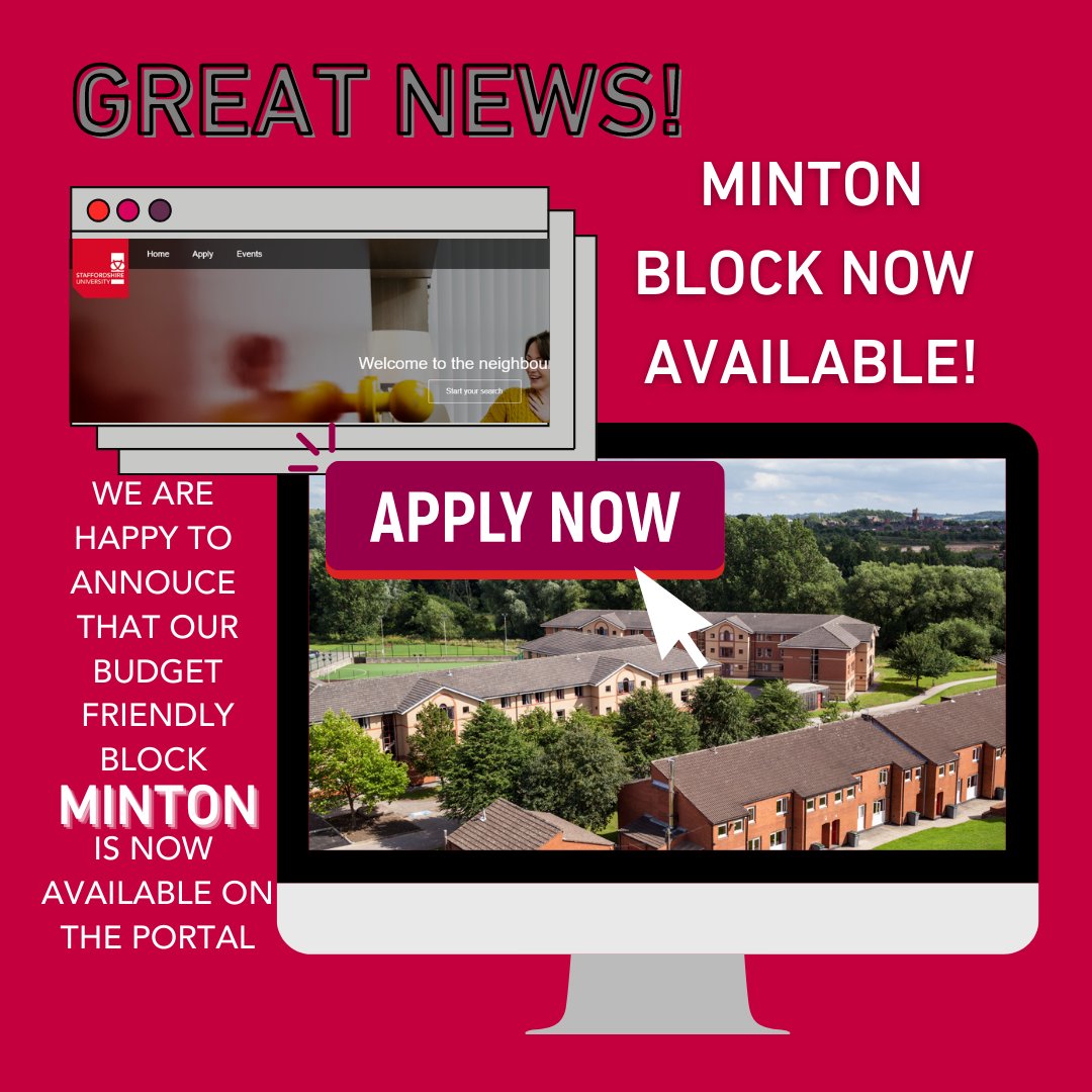 StaffsHalls's tweet photo. Minton is now available! Spaces are limited, apply now!

Click here to apply >> https://t.co/R6yMvjukFx

#student #halls #studentlife #uni #reslife #application #accommodation #university https://t.co/kfQswqH9iE