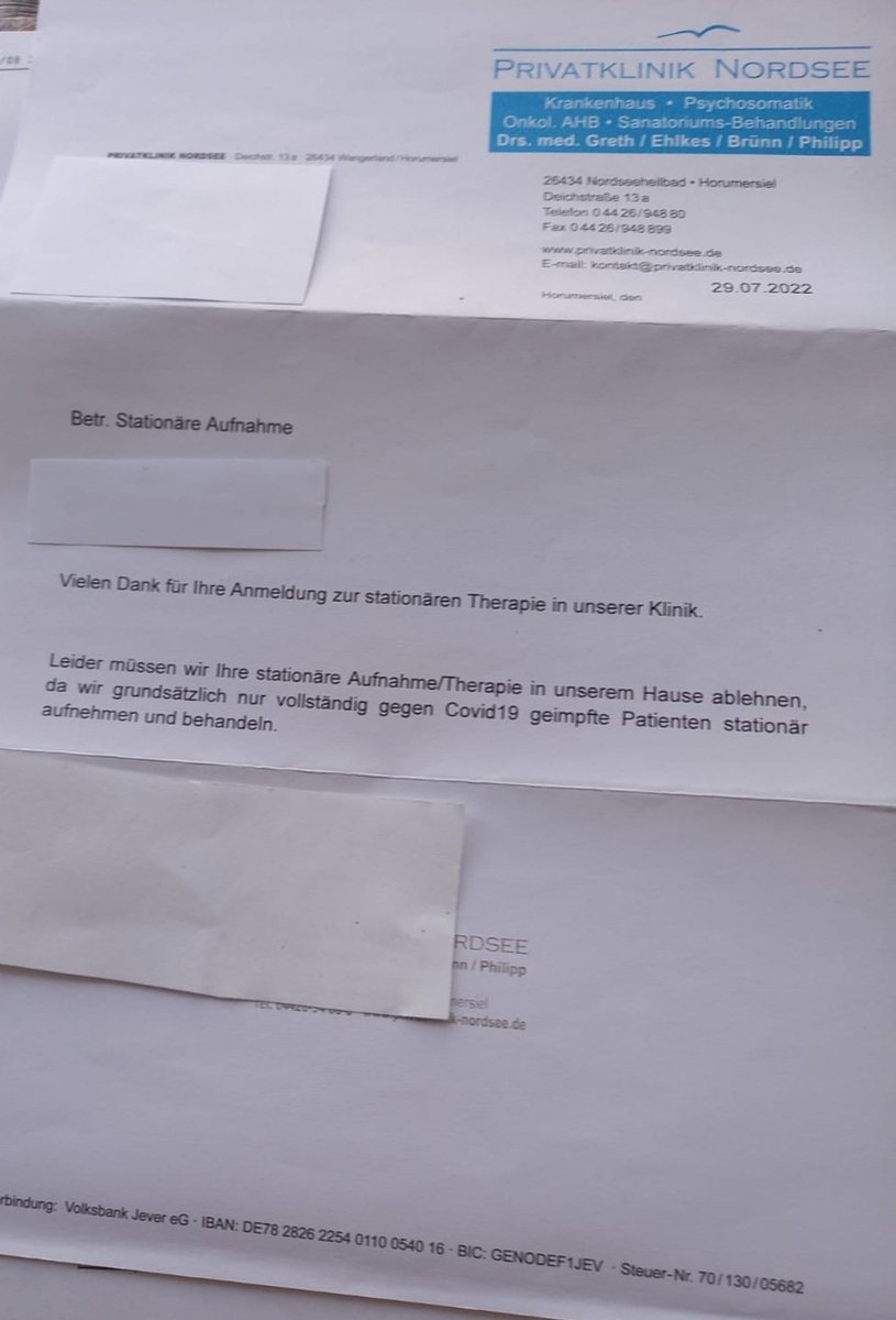 Meiner Bekannten wurde in der Privatklinik Nordsee in Horumersiel mit Brief vom 29.7.22 die stationäre Aufnahme verweigert, weil sie ungeimpft ist‼️

privatklinik-nordsee.de