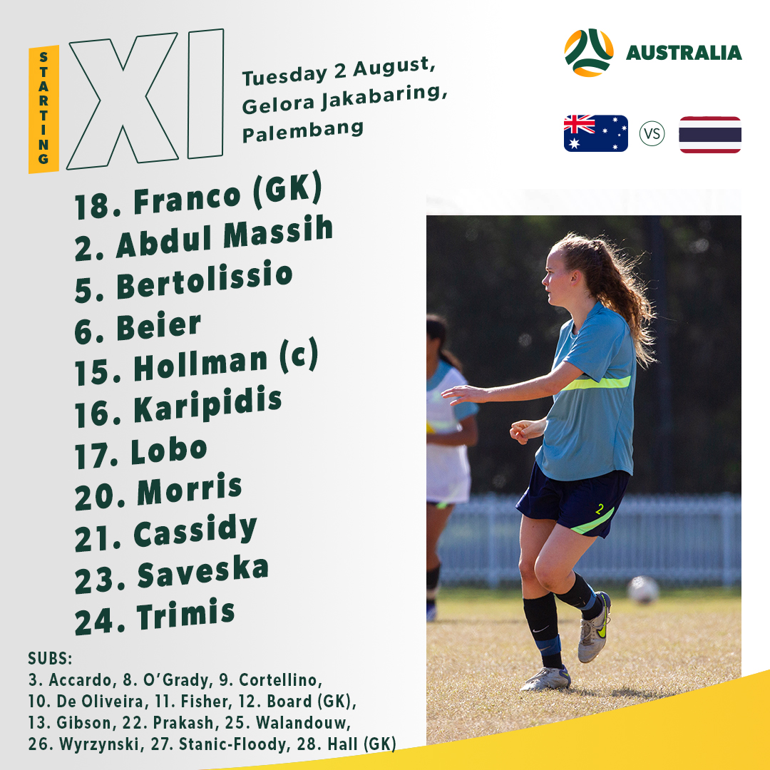 FootballAUS's tweet image. STARTING XI 🗒

Here's how the CommBank Junior Matildas squad line up tonight in their semi-final clash against Thailand! 👊

#AFF #AFFU18Womens