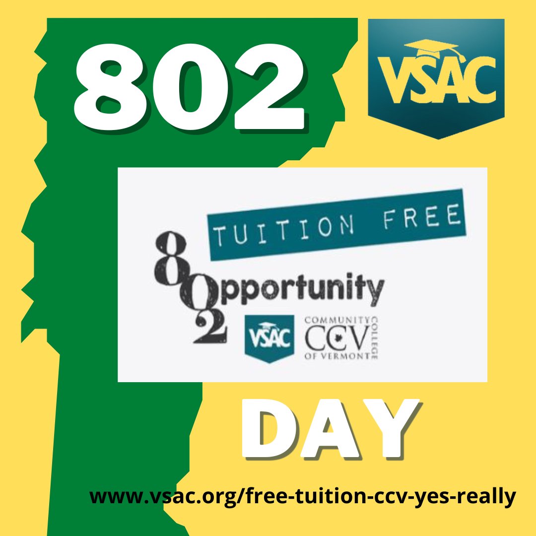 VSAC's tweet photo. Celebrate Vermont's 802 Day with this Green Mountain opportunity - #VSAC and the Community College of Vermont have teamed up to offer Vermonters with a family income of $75,000 or less the opportunity to attend CCV #tuition free. Details at https://t.co/JGkVaUbRHA #CCV_Vt https://t.co/7euwycsSCj