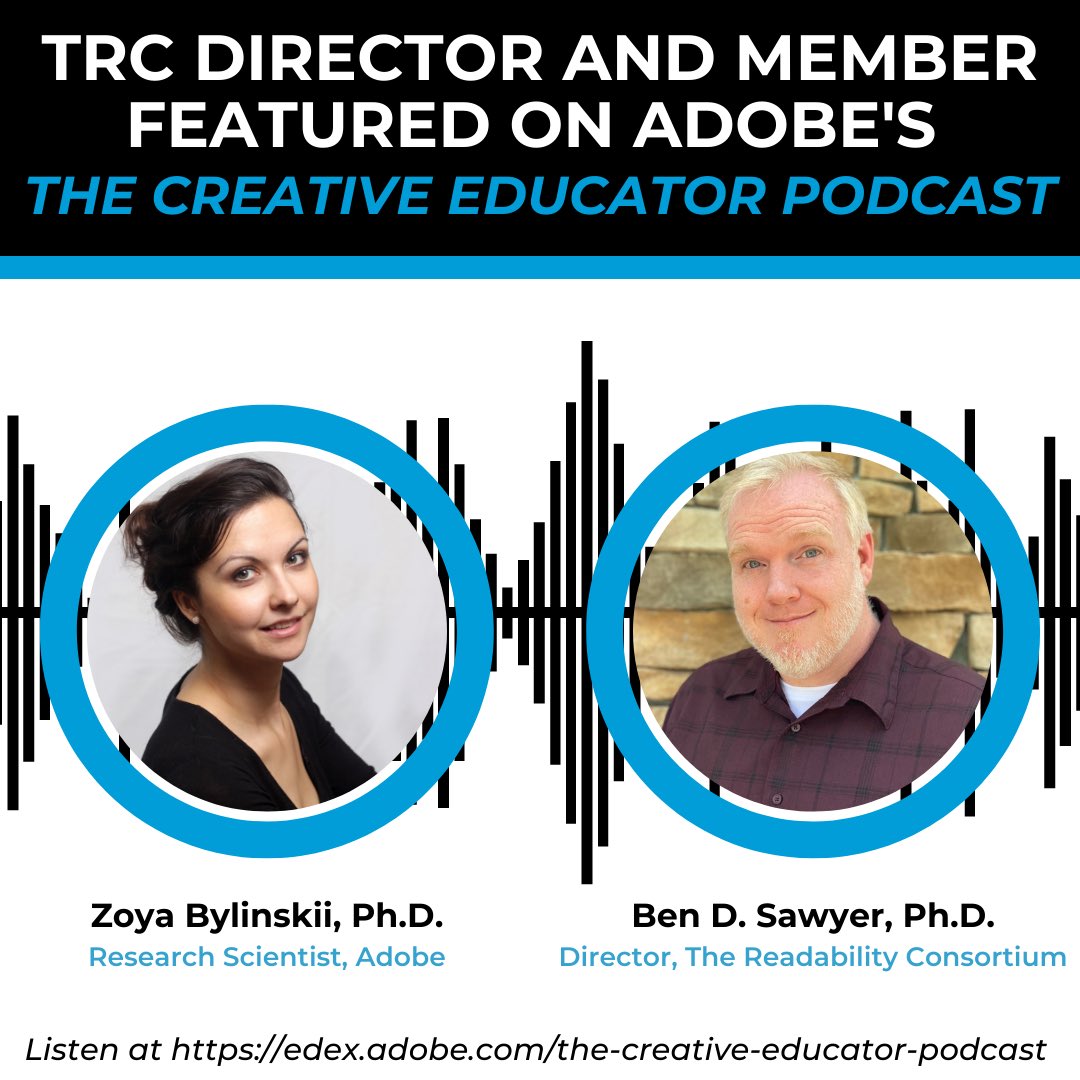 Listen to the newest episode of @adobeforedu The Creative Educator Podcast featuring <a href="/zoyathinks/">Zoya Bylinskii</a> and <a href="/bendsawyer/">Dr. Ben D. Sawyer (he/him)</a>. Their episode discusses the importance of readability for the future of learning.
Listen now: edex.adobe.com/the-creative-e… #adobe #creativeeducatorpodcast #futureofreading
