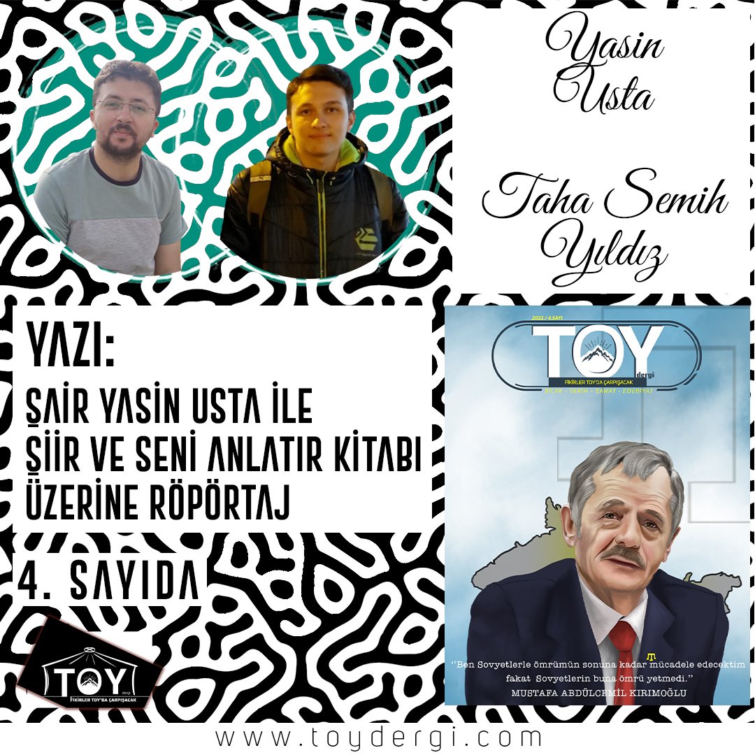 Taha Semih Yıldız'ın, <a href="/YasinUstaaa/">Yasin Usta</a> ile yaptığı  röportaj Toy Dergisinde
#Toy #dergi #edebiyat #tarih #sanat #kırım #3mayıs