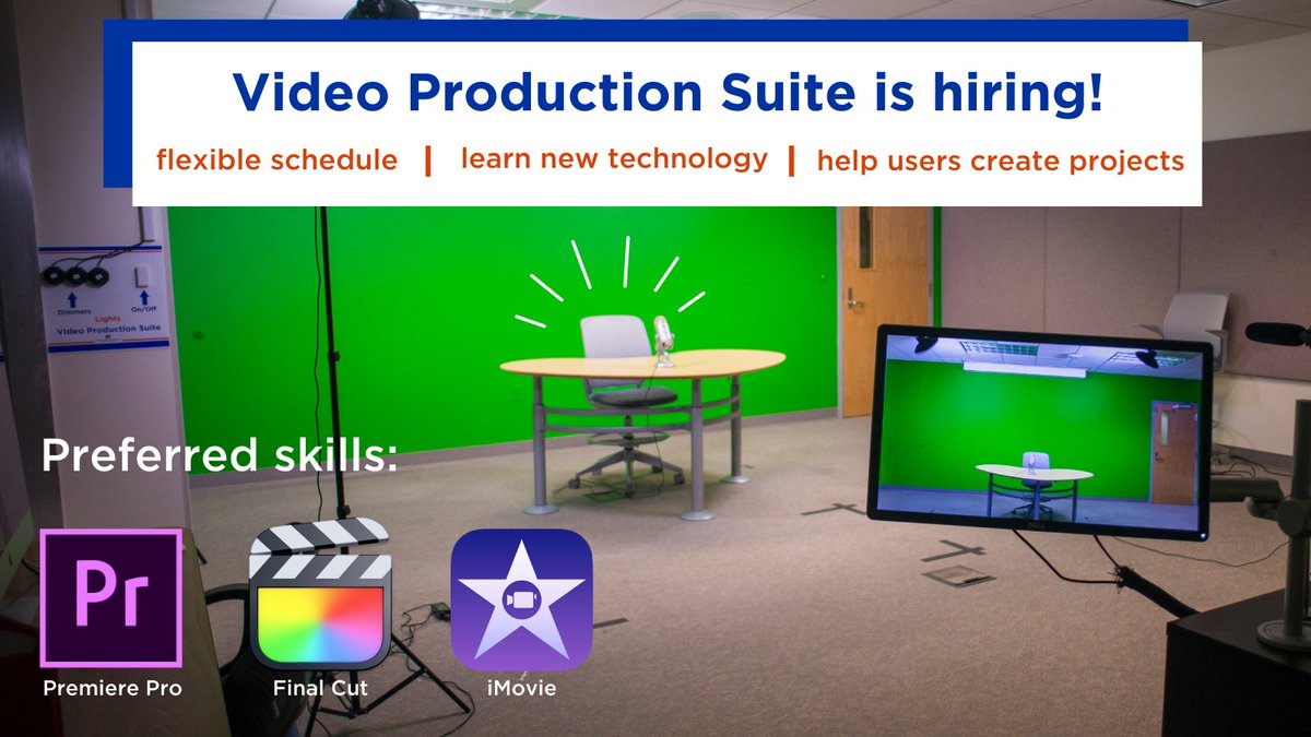 BSULibrary's tweet photo. Want a job helping people create and edit videos? 🎥The Video Production Suite is hiring!✨ #albertsonslibrary #BoiseState #campusjob
Follow this link for more info➡️ https://t.co/UArUoTdt83 https://t.co/p2bOIZHl16
