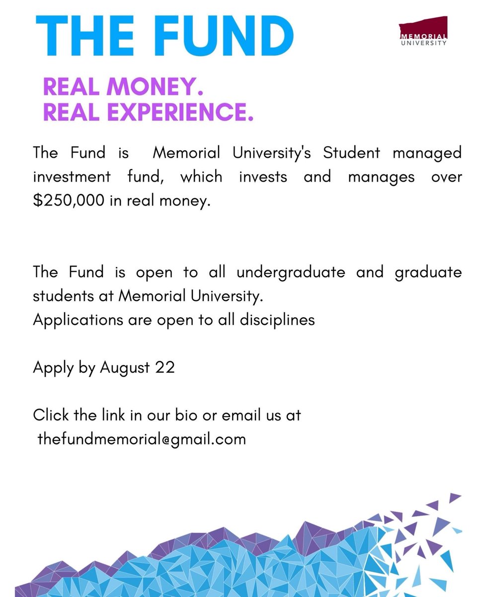 Applications to join the fund for the fall 2022 semester are now open!!!

Send us an email if you have any questions

Apply here: forms.gle/4LfDCbDxNNxFnq…

@munbusiness <a href="/MemorialFutureU/">Future Students, Memorial University</a> 
<a href="/MUN_Students/">Memorial U Students</a> 

#finance #financeisfun #financestudent