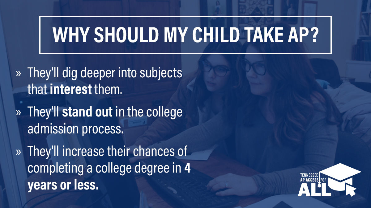 apaccessforall's tweet image. Why should your child take AP courses? They'll dig deeper into subjects that interest them, stand out in the college admission process and increase their chances of completing a college degree in 4 years or less. tnapaccessforall.org #APAccessforALL #backtoschool #apclasses