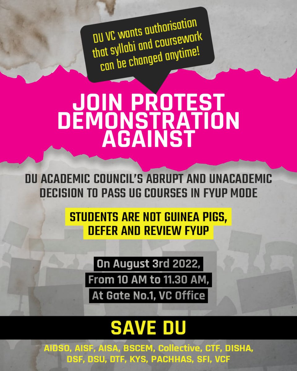 AbhaDevHabib's tweet photo. *3 Aug: DU Academic Council will pass coursework and syllabi of FYUP*
Over 70,000 students in DU will suffer this hurried exercise.
#RejectNEP2020
#RejectFYUP https://t.co/gp7o4wfQgb