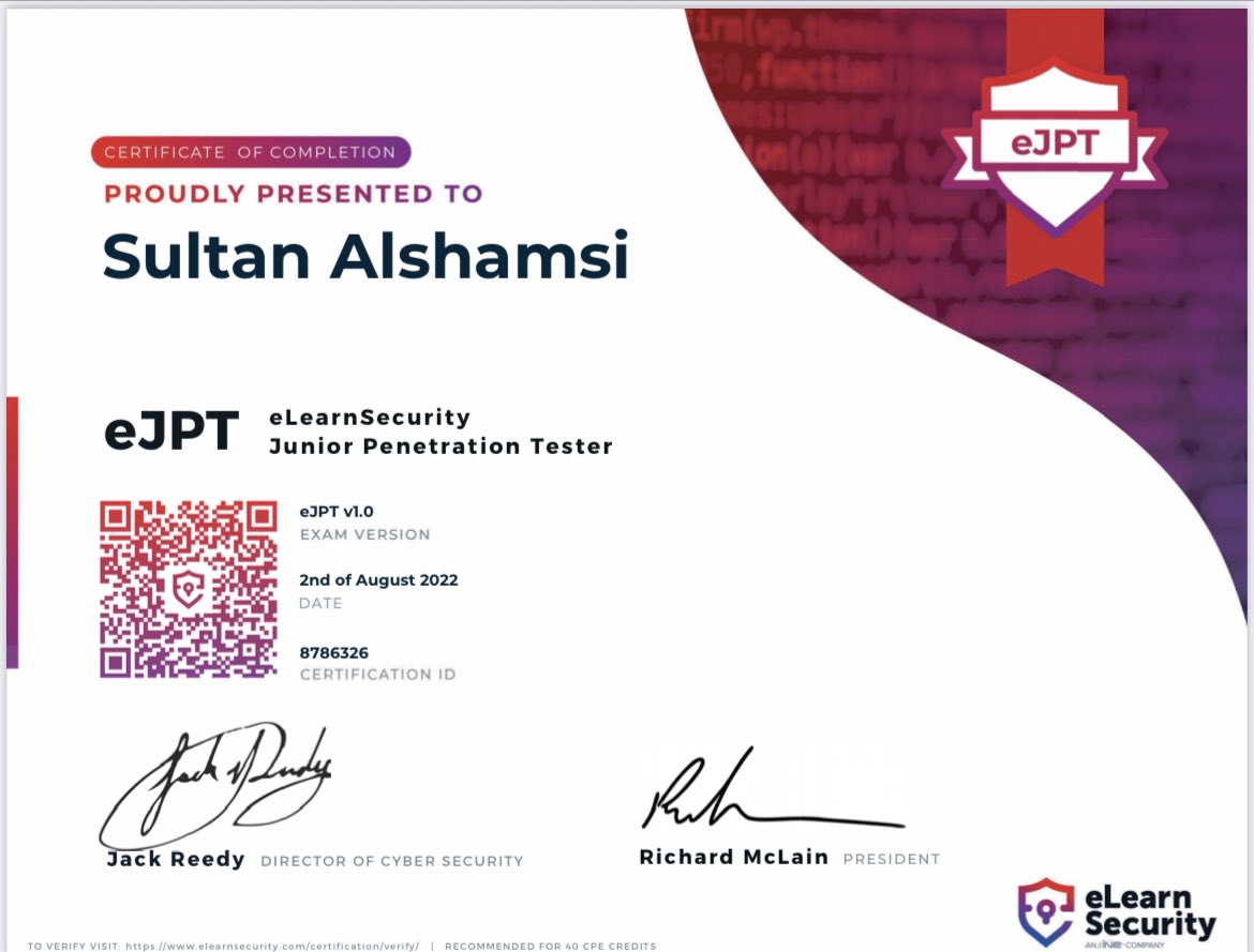 sultanviiy's tweet image. Finally ✨
Thanks @eLearnSecurity 🤍
#eJPT #elearnsecurity