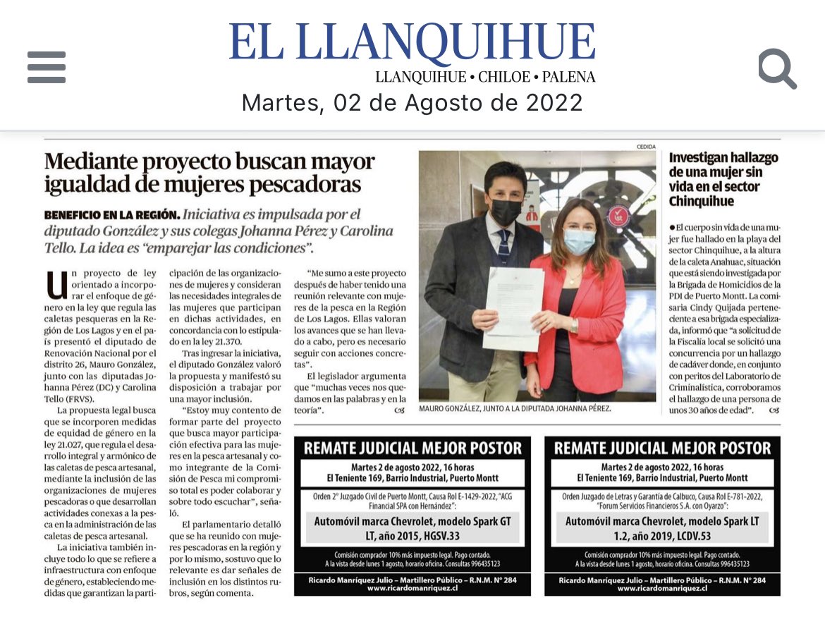 Es fundamental emparejar las condiciones de trabajo, como integrante de la Comisión de Pesca de la <a href="/Camara_cl/">Diputadas y Diputados de Chile</a> mi compromiso es colaborar con las mujeres de la pesca artesanal. Más detalles en 🗞 #ElLlanquihue sobre proyecto que busca mayor igualdad👇