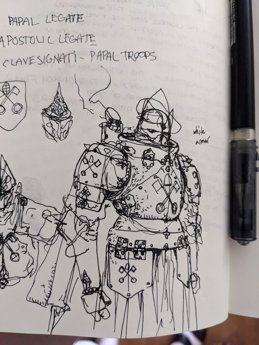 some new trench crusade art. 

Heres a sketch of a clavesignati, a papal trooper. 2 crossed keys are on the coat of arms of the Holy See, and clavesignati means "the sign of the keys". They were an actual force back in the day when the papacy used to go to war. 