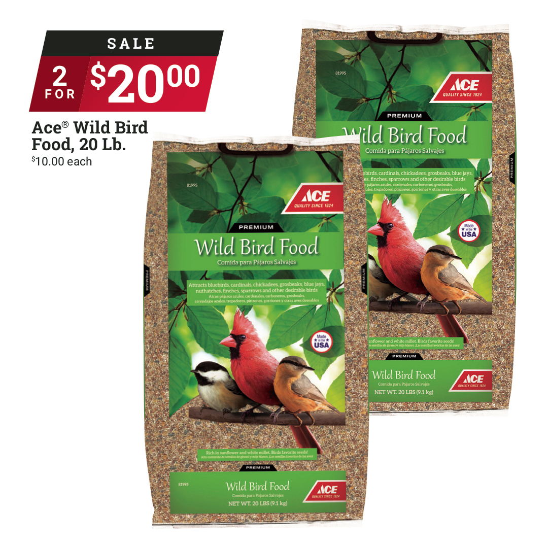 🐦 Your feathered friends will have a fiesta when you load up your feeders with Ace wild bird food. 🐦 Right now get two 20 lb. bags on sale for $20, or $10 each. Offer valid at participating locations August 1-30. #MyLocalAce